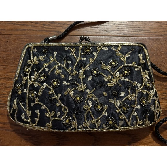 Vintage Lancome Beaded Black Purse Evening Bag Clutch Embellished 8" X 5.5" - Picture 2 of 8